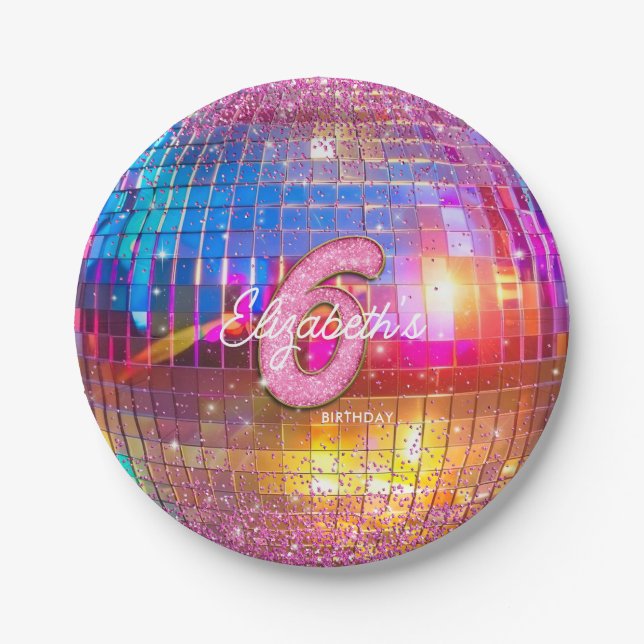 Plato De Papel 6th Birthday Party Gold Pink Glitter Disco Ball (Anverso)