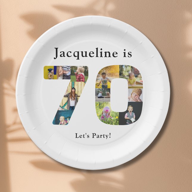 Plato De Papel 70.º cumpleaños Diseñar tu propio Collage de fotos (70th birthday personalized paper plates with family photos collage template.)