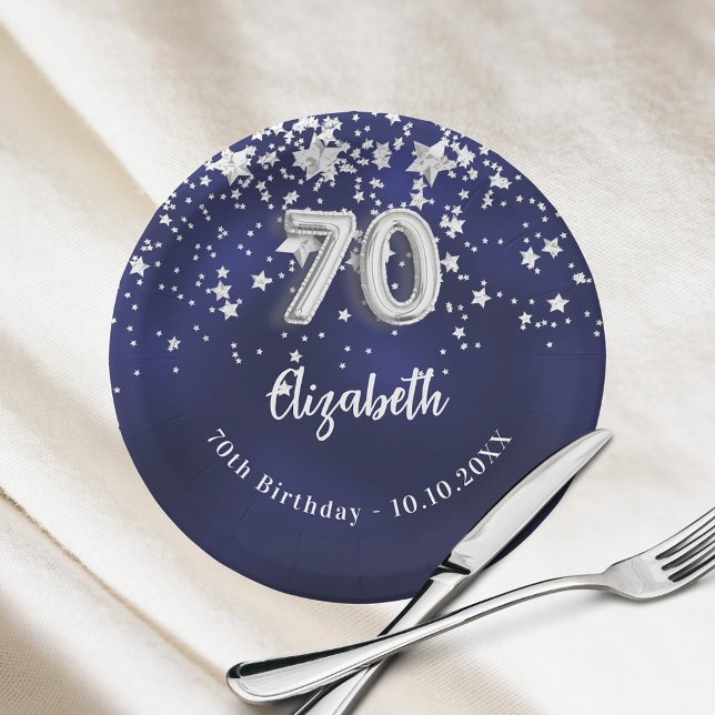 Plato De Papel 70.º cumpleaños estrellas de plata azul marino (Subido por el creador)