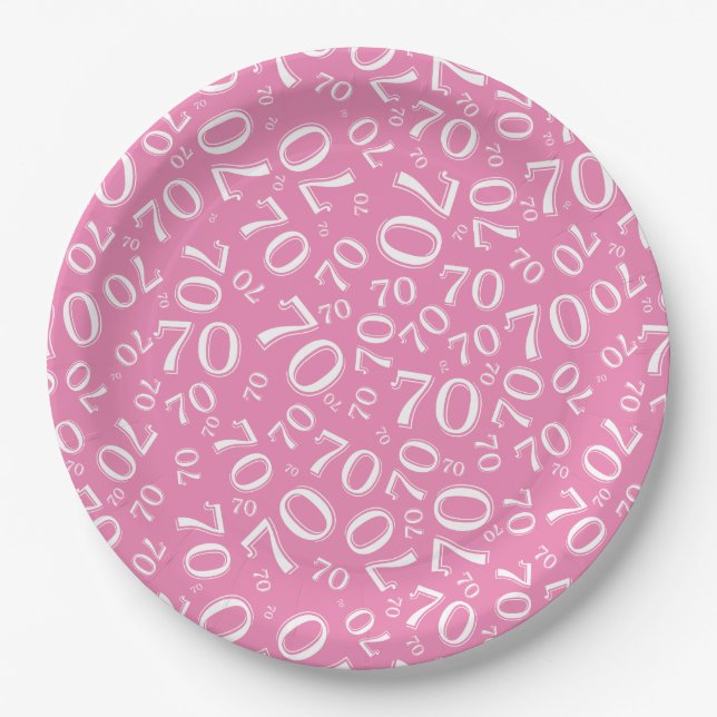 Plato De Papel 70.º patrón de número aleatorio Fiesta rosa/blanco (Anverso)