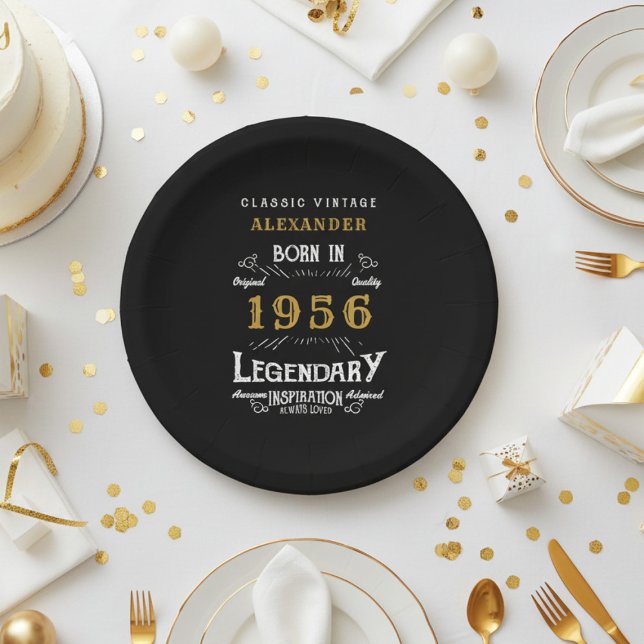 Plato De Papel 70 cumpleaños 1956 Legendario Retro (1956 black paper plate on  a white and gold background)