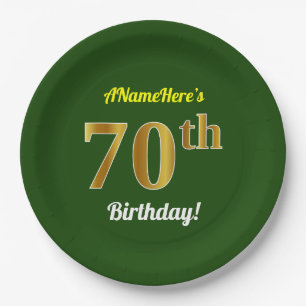 Plato De Papel 70.o cumpleaños del oro verde, falso + Nombre de
