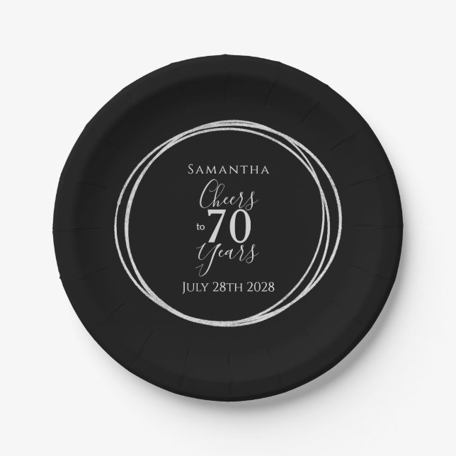 Plato De Papel 70th Birthday Black Silver Cheers 70 Years Party (Anverso)