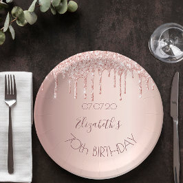 Plato De Papel 70th birthday blush rose gold glitter drips name
