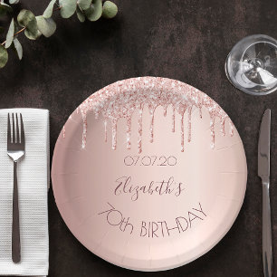 Plato De Papel 70th birthday blush rose gold glitter drips name