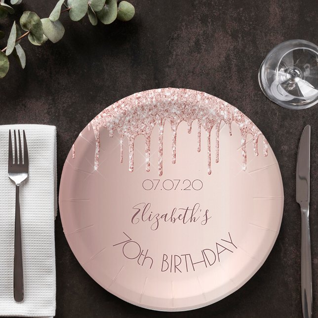 Plato De Papel 70th birthday blush rose gold glitter drips name (Subido por el creador)
