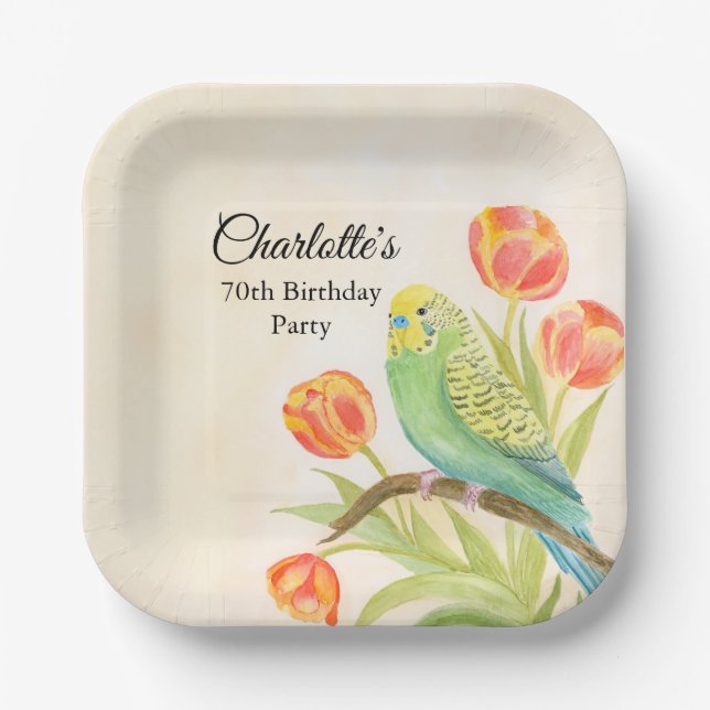 Plato De Papel 70th Birthday Party Parakeet with Tulips  (Anverso)