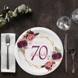 Plato De Papel 70th birthday party white gold geo floral burgundy<br><div class="desc">A plate for a 70th birthday party. A chic white background with a faux gold geometric frame. Decorated with dark purple and burgundy flowers, roses and boho style feathers. Templates for a name, age 70 and a date. Date of birth or the date of the party. The name is written...</div>