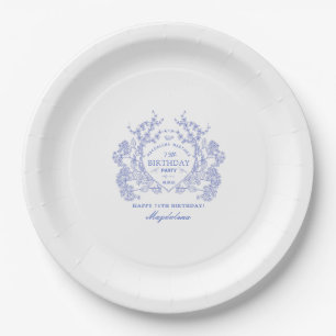 Plato De Papel 75.º cumpleaños Personalizado Escudo Floral Azul f