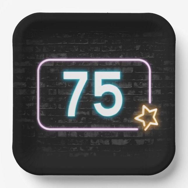 Plato De Papel 75.º Cumpleaños Rótulo Neón En Ladrillo (Anverso)