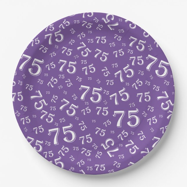 Plato De Papel 75.º patrón de número aleatorio Fiesta morado/blan (Anverso)