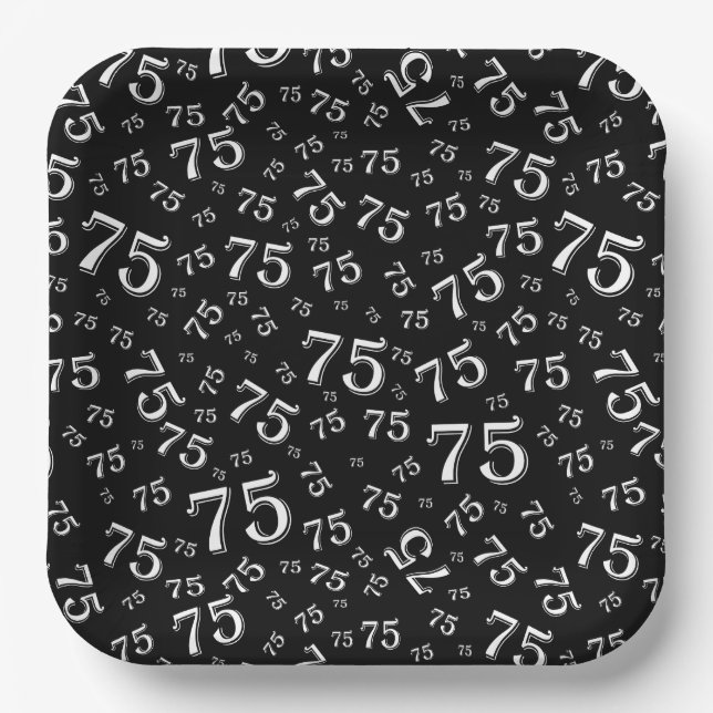 Plato De Papel 75.º patrón de número aleatorio Fiesta negro/blanc (Anverso)
