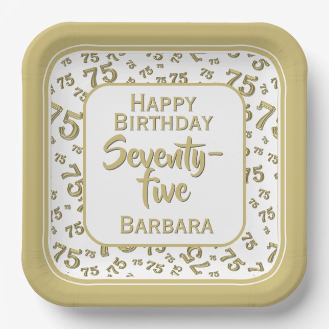 Plato De Papel 75.º patrón de número aleatorio Fiesta oro/blanco (Anverso)