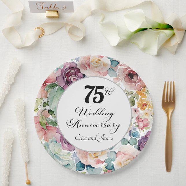 Plato De Papel 75° Aniversario Boda Elegante Script Floral (Boda)
