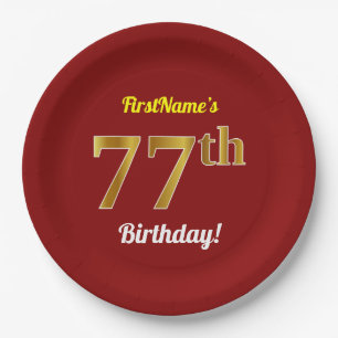 Plato De Papel 77.o cumpleaños del oro rojo, falso + Nombre de