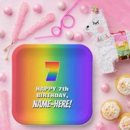 Plato De Papel 7.º cumpleaños: Colorido, divertido patrón arcoiri