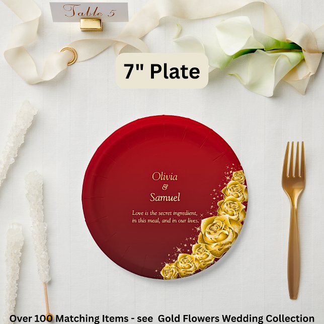 Plato De Papel 7" Names and Gold Flowers on Red Maroon  (Subido por el creador)