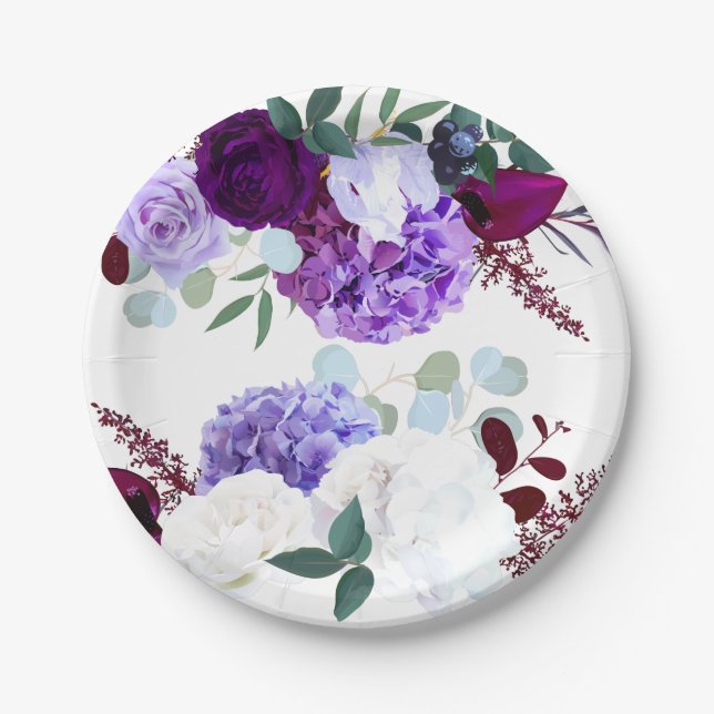 Plato De Papel 7" Placa redonda Lavanda Hibiscus en blanco (Anverso)