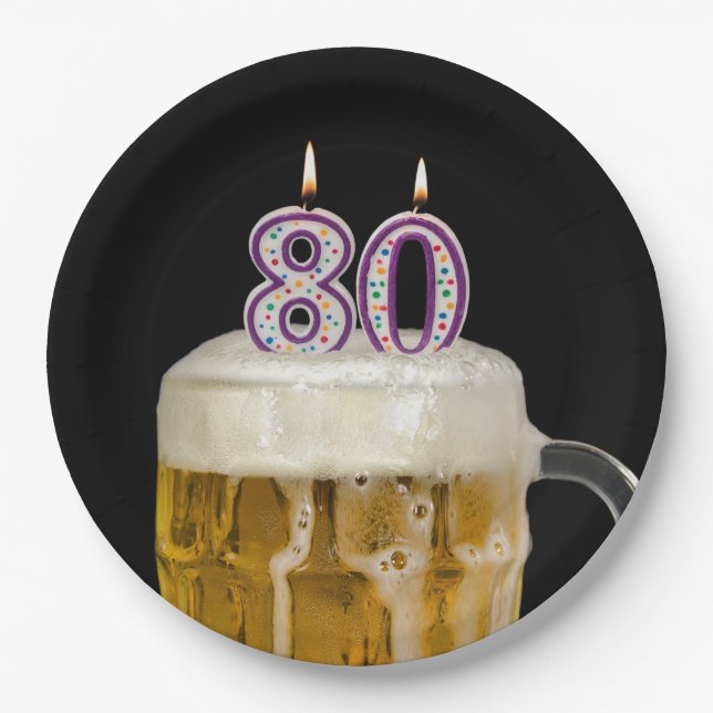 Plato De Papel 80.ª Cerveza de cumpleaños en placa de papel negro (Anverso)