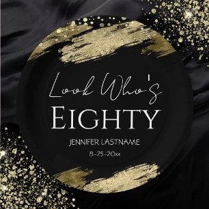 Plato De Papel 80.ª Fiesta de Cumpleaños Gold Black Look Who's