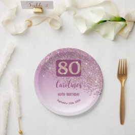 Plato De Papel 80.ª Moda de cumpleaños Rosa Purpurina de oro