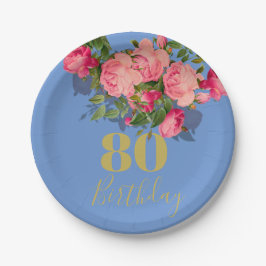Plato De Papel 80.º cumpleaños 80º Rosa azul elegante
