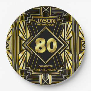 Plato De Papel 80.º cumpleaños Art Deco Oro Gran Gatsby Negro