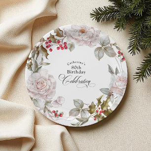 Plato De Papel 80.º cumpleaños elegante Floral de diciembre