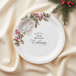 Plato De Papel 80.º cumpleaños elegante Floral de diciembre