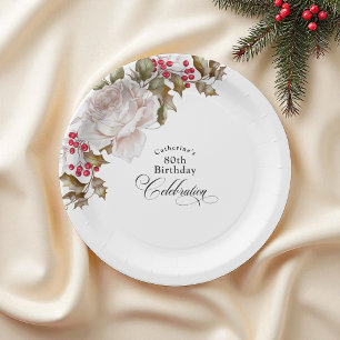 Plato De Papel 80.º cumpleaños elegante Floral de diciembre