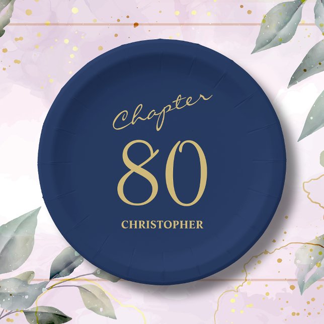 Plato De Papel 80.º cumpleaños Oro Azul Capítulo 80 (Make your loved one's 80th birthday celebration memorable with our stunning Blue Gold paper plates)