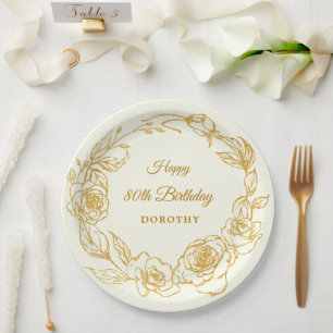 Plato De Papel 80.º cumpleaños Rosa de oro de lujo Floral Ivory