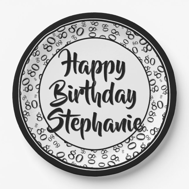 Plato De Papel 80.º patrón de número aleatorio Fiesta blanco/negr (Anverso)