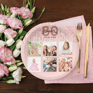 Plato De Papel 80.º rosa dorado purpurina gotea