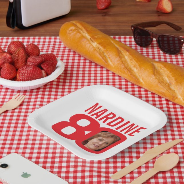 Plato De Papel 80 años blanco brillante rojo 80 foto personalizad (Picnic)