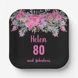 Plato De Papel 80 años color de agua negro rosa floral