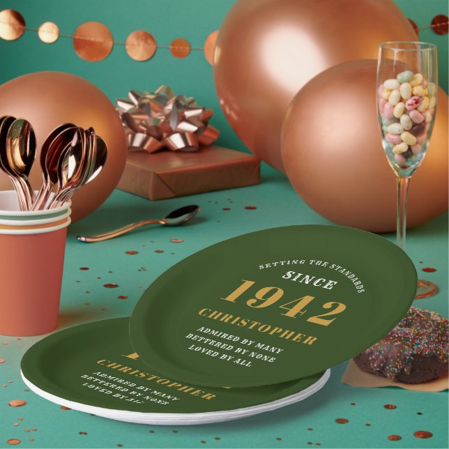 Plato De Papel 80 cumpleaños 1942 Green Gold Love Personalizado (Multi)