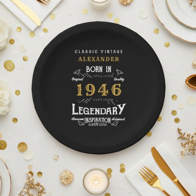 Plato De Papel 80 cumpleaños 1946 Legendario Retro (1946 black paper plate on a white and gold background.)