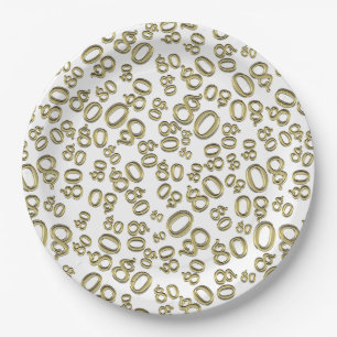 Plato De Papel 80.o Oro/blanco del modelo del número de la fiest