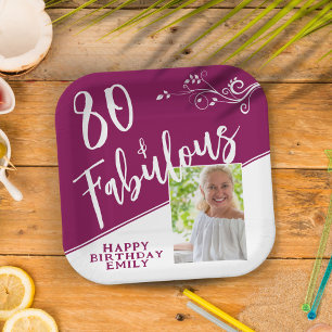 Plato De Papel 80 y fabulosa foto manuscrita Magenta cumpleaños 8
