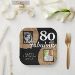 Plato De Papel 80 y Fabulous Gold Purpurina 2 Photo 80th Birthday<br><div class="desc">80 y fabuloso Purpurina de oro 2 placas de papel Fotos 80 de la fiesta de cumpleaños. Purpurina de oro falso sobre negro con 2 fotos - puedes usar una foto vieja y una nueva. Añade tu nombre y edad y haz grandes platos elegantes para la celebración del hito.</div>