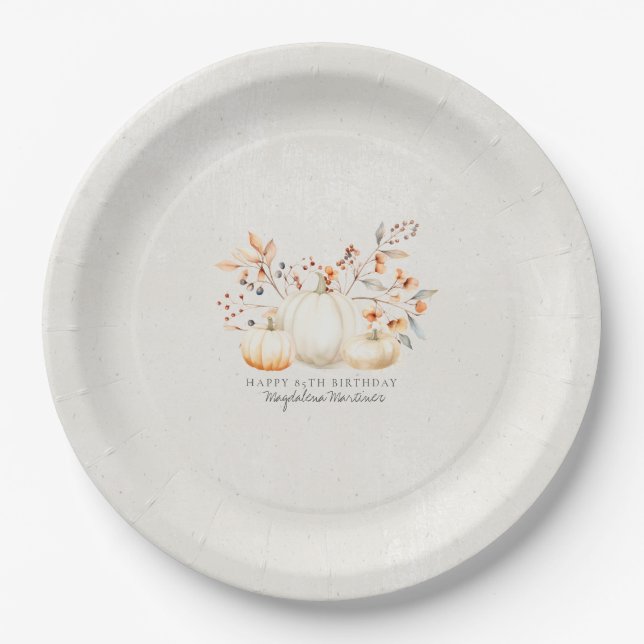 Plato De Papel 85.º cumpleaños Cae la Calabaza Blanca Personaliza (Anverso)
