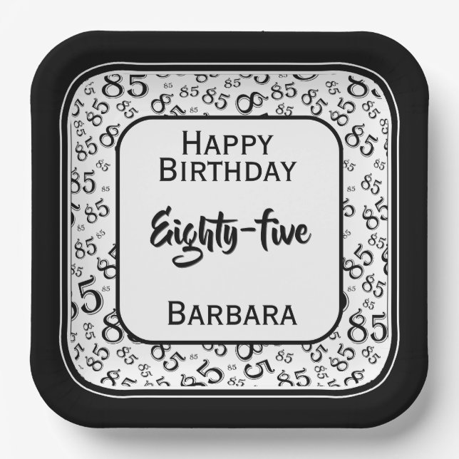 Plato De Papel 85.º patrón de número aleatorio Fiesta blanco/negr (Anverso)