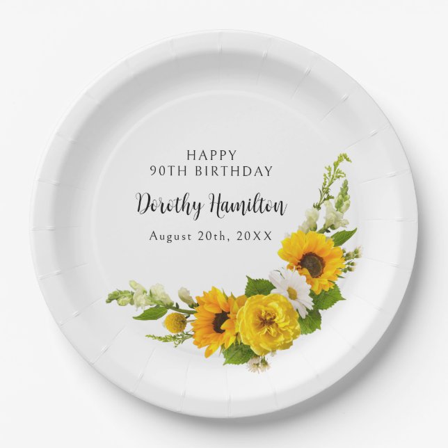 Plato De Papel 90.ª fiesta de cumpleaños Sunflower Daisy Personal (Anverso)