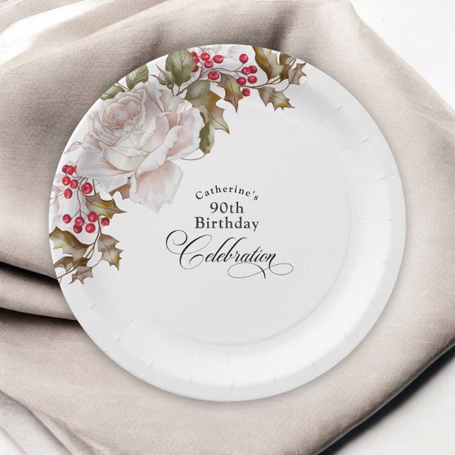 Plato De Papel 90.º Cumpleaños Elegante Floral de Invierno de dic (Subido por el creador)