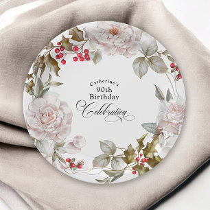 Plato De Papel 90.º Cumpleaños Elegante Floral Diciembre