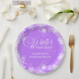 Plato De Papel 90.º cumpleaños Invierno Maravilla de Nieve Morado