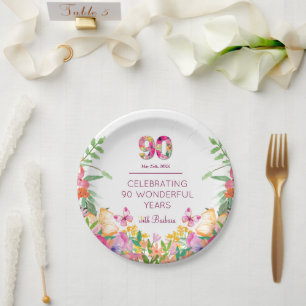 Plato De Papel 90 años de flor mariposa 90 cumpleaños