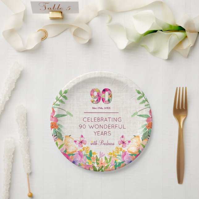 Plato De Papel 90 años Flores 90 cumpleaños Fiesta de línea (Boda)