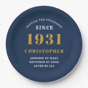 Plato De Papel 90 cumpleaños 1931 Blue Gold Love Personalizado